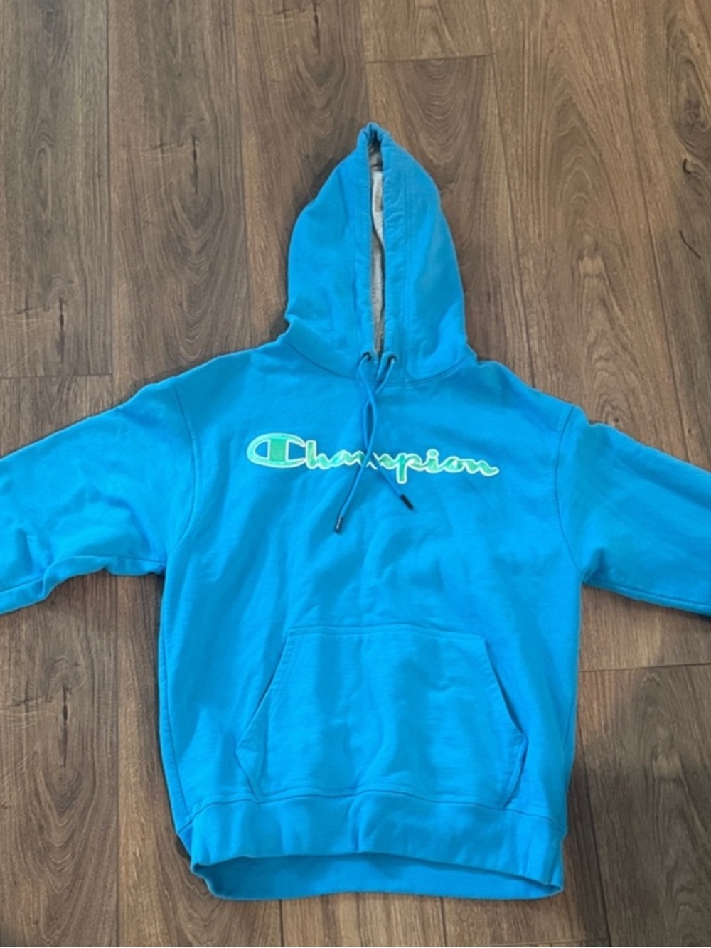 Champion Turquoise Pullover Hoodie with Neon Script